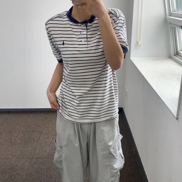 Polo 폴로 네이비 포니 스트라이프 헨리넥 반팔