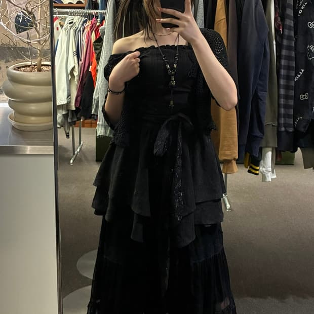 M)Japanese vintage 여성 블랙 오프숄더 리본 탱크탑 원피스