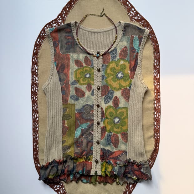 Floral See-through Button Knit Vest 0242