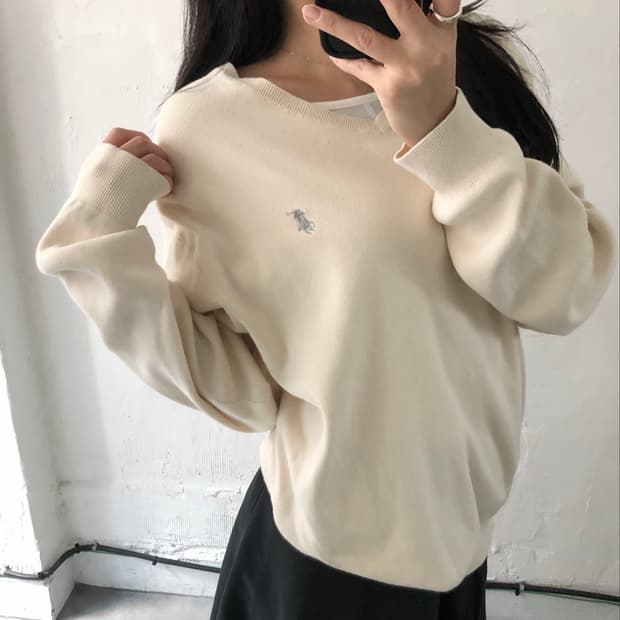 Polo 폴로 랄프로렌 피마코튼 아이보리컬러 브이넥 니트