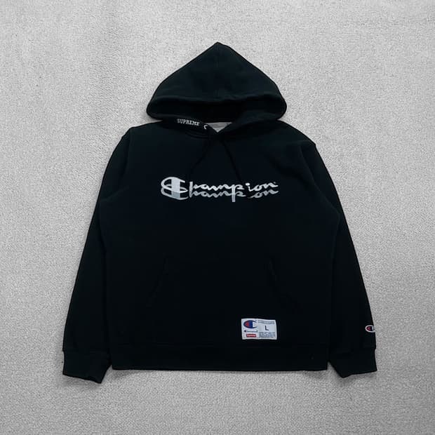 슈프림 x 챔피온 더블 로고 후드티 블랙