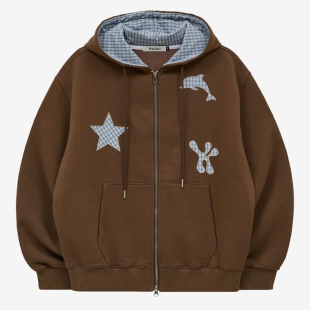 와이케이 스타 돌핀 체크 아플리케 후드 집업 브라운