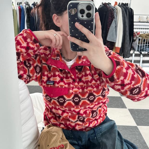 파타고니아 신칠라 레드 패턴 스냅 플리스