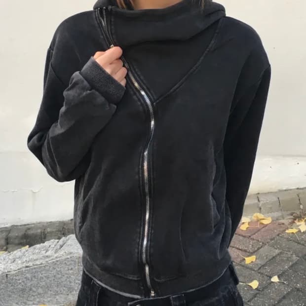 워싱 사선 스트릿 후드집업