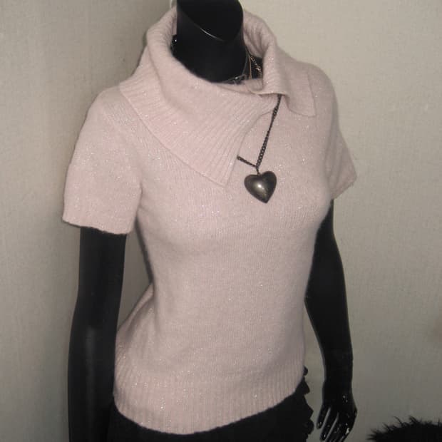 핑크 글리터 반팔 티셔츠 하이넥 니트 탑 히메갸루