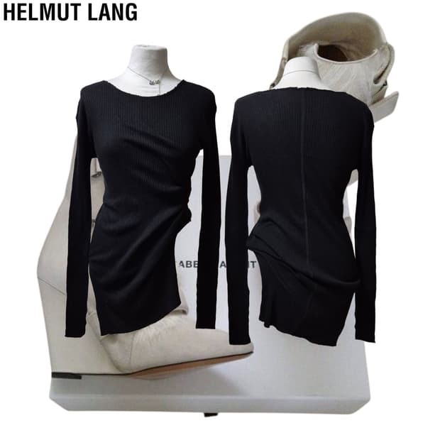 Helmut Lang Black Rib Cut slit knit top