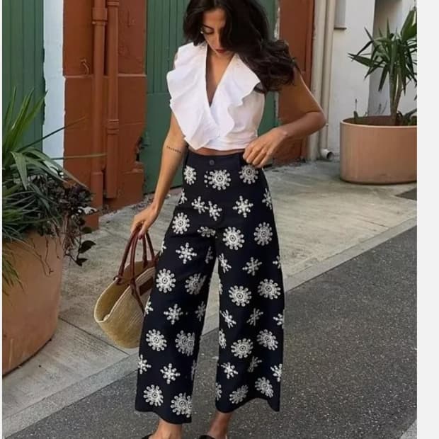 ZARA 네이비 블루 리넨 블렌드 큐롯 팬츠 XS