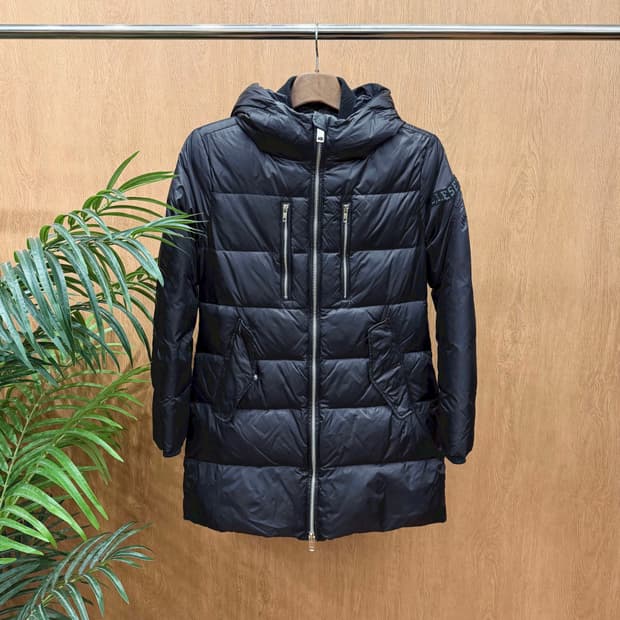 디젤 롱 후드 패딩 지퍼 멀티 포켓 로고 패치 디테일 레귤러핏 블랙