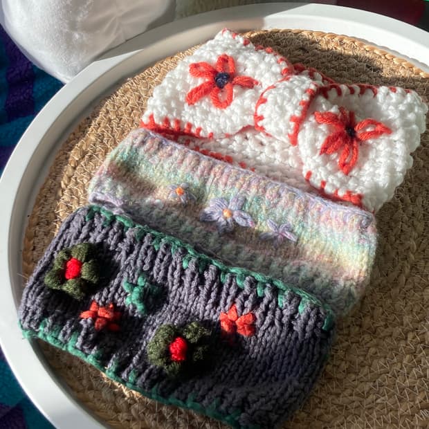 핸드메이드 니트 뜨개짜임 하구미 모리걸 히피 헤어밴드 반다나