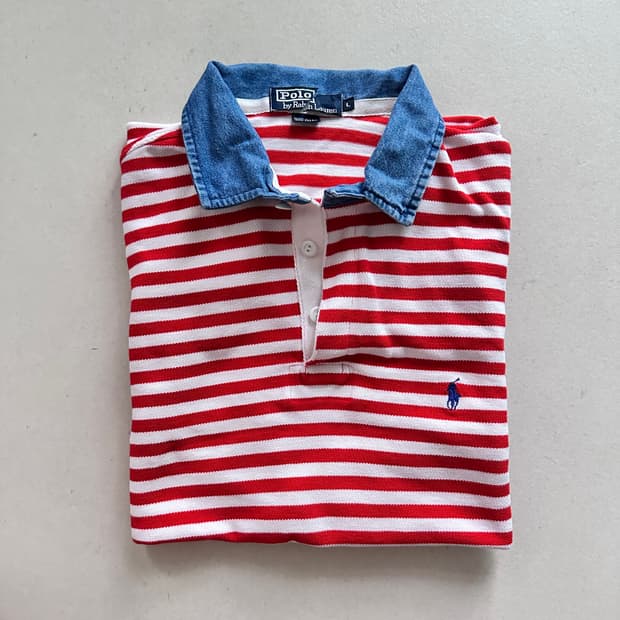 [L] 90s 폴로 MADE IN USA 데님카라 스트라이프 카라티