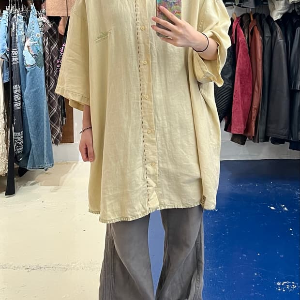miakeen Linen 스티치 디테일 반팔 셔츠
