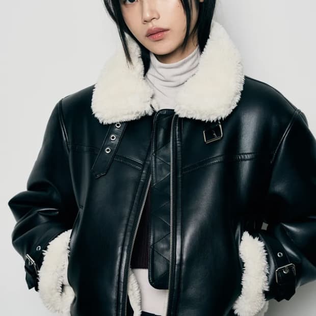 레더리 오블리크 오버핏 레더 무스탕 자켓(새제품)