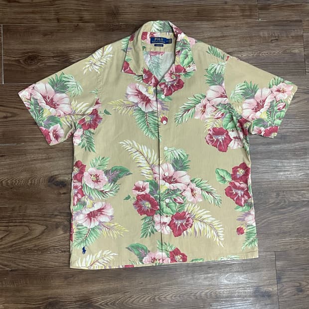 폴로 린넨 플로럴 하와이안 캠프 셔츠 