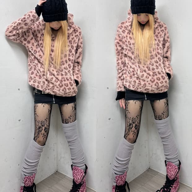 [GAL]Pink Leopard Ears Detail Fleece Hoo