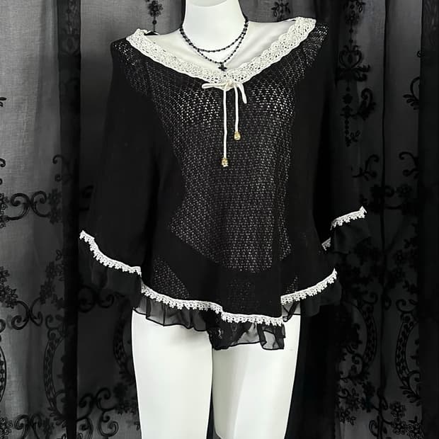 black lace-trim knit poncho