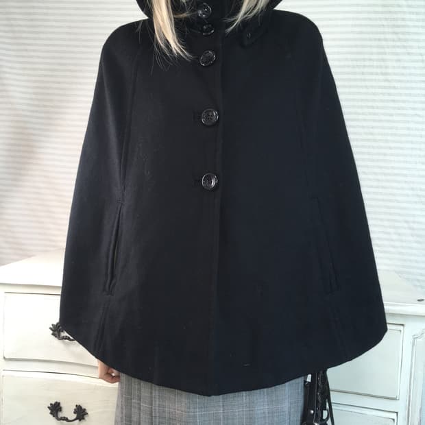 일본빈티지 블랙 케이프 울 후드 코트