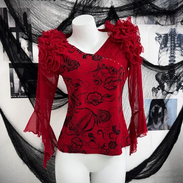 Oriental beads prinrimg ruffle longsleev