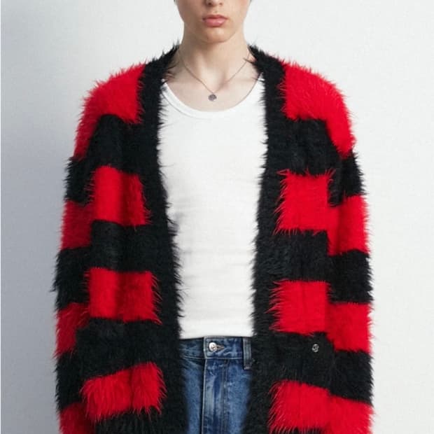 문선 헤어리 스트라이프 가디건