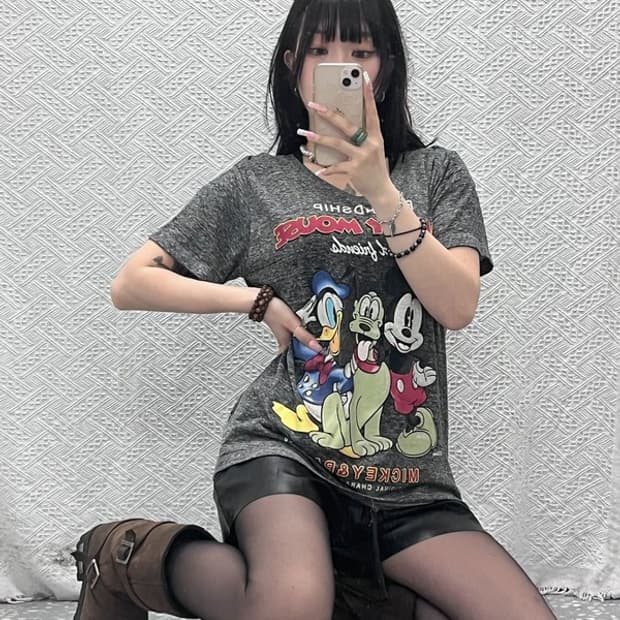 ASK 빈티지 스트릿 키치 미키마우스 디즈니 반팔티 XS C12190