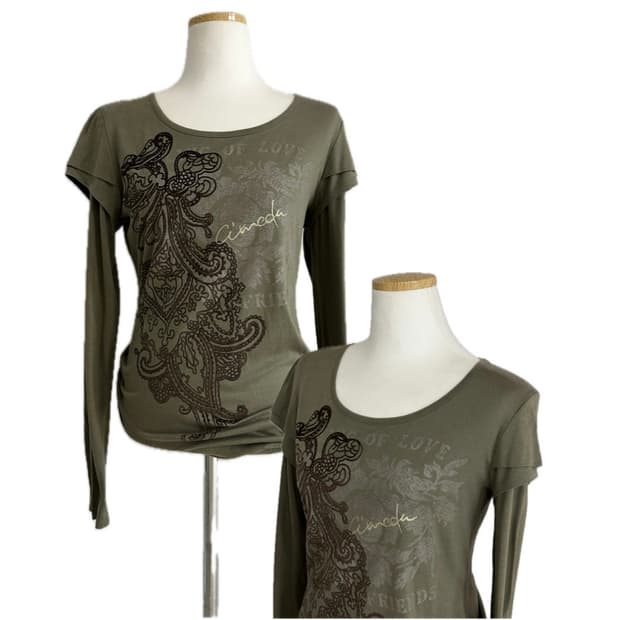 jpn 에스닉 카키 레이어드 긴팔티 y2k 펑크