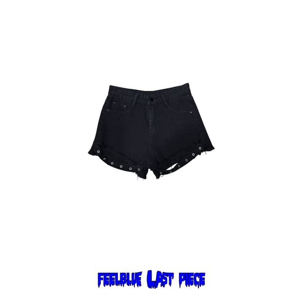 Black Denim Shorts with Grommet Hem