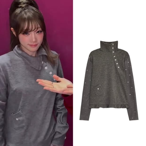 허그유어스킨 긴팔 티셔츠 플라워 버튼 폴라 탑 (브라운)