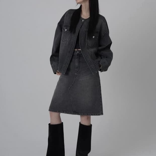 트리밍버드 원버튼 데님 셋업 스커트 흑청(구버전)