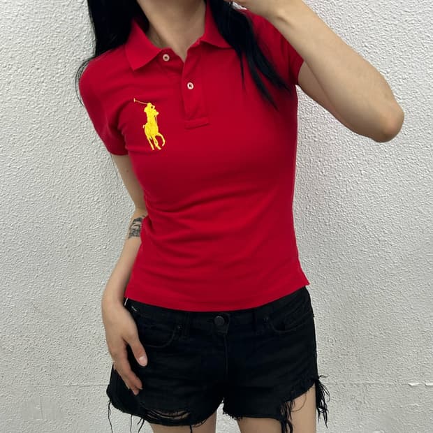 폴로 랄프로렌 딱붙핏 옐로우 빅포니 레드 반팔 S