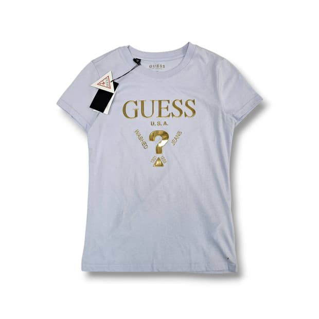 XS GUESS 게스 골드 메탈릭 빅로고 반팔 티셔츠 연보라