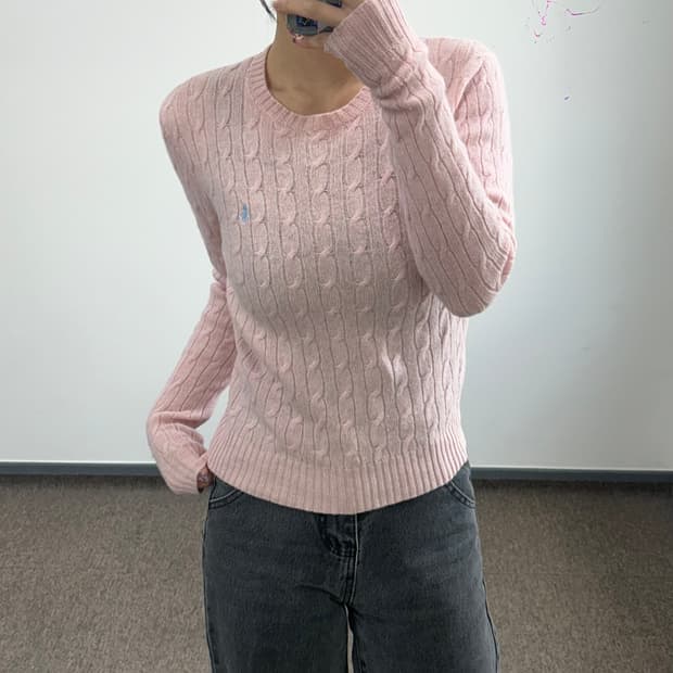 Polo 폴로 스카이블루 포니 라이트핑크 케이블 니트