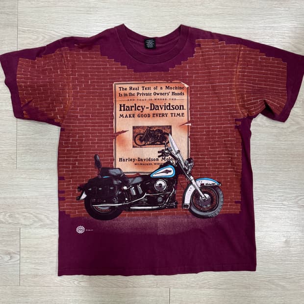 90s 할리데이비슨 빈티지 벽돌 패턴 프린팅 반팔 티셔츠