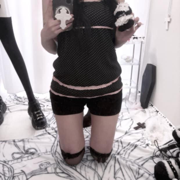 빈티지 도트 핑크 레이스 나시 