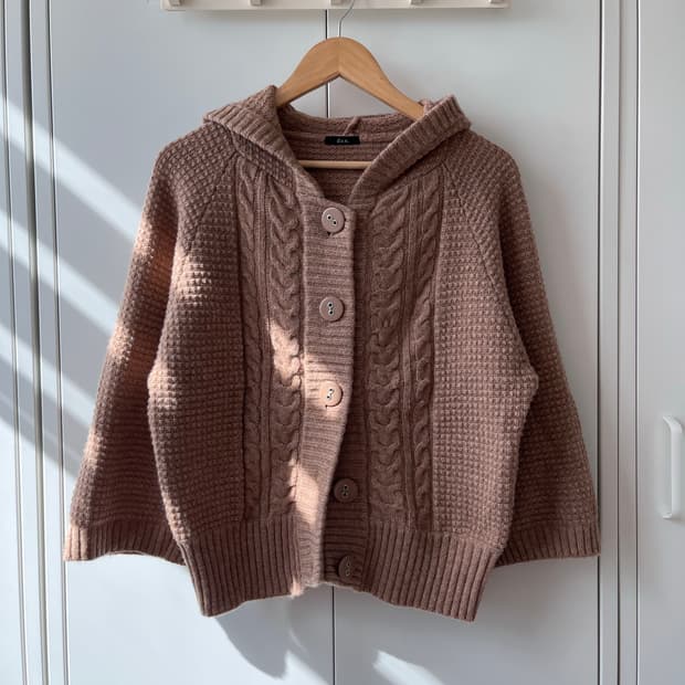 모리걸 단추 꽈배기 울니트 후드 가디건 