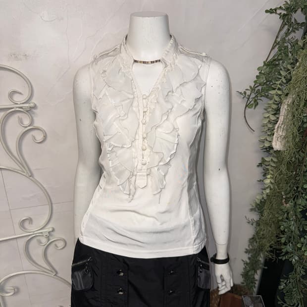 White ruffle button satin sleevelss