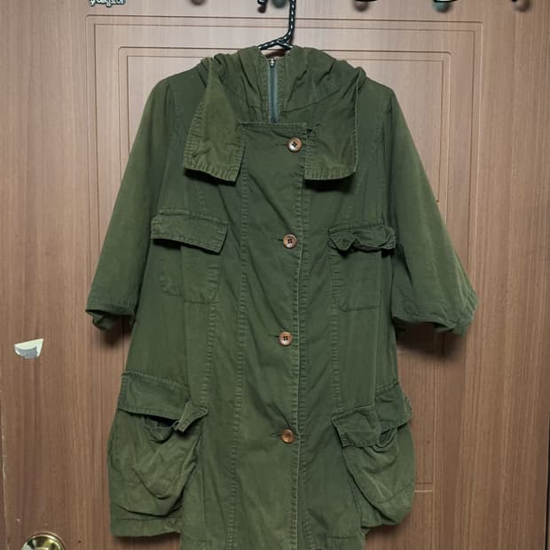 빈티지 모리걸 카키 후드 반팔 야상 점퍼