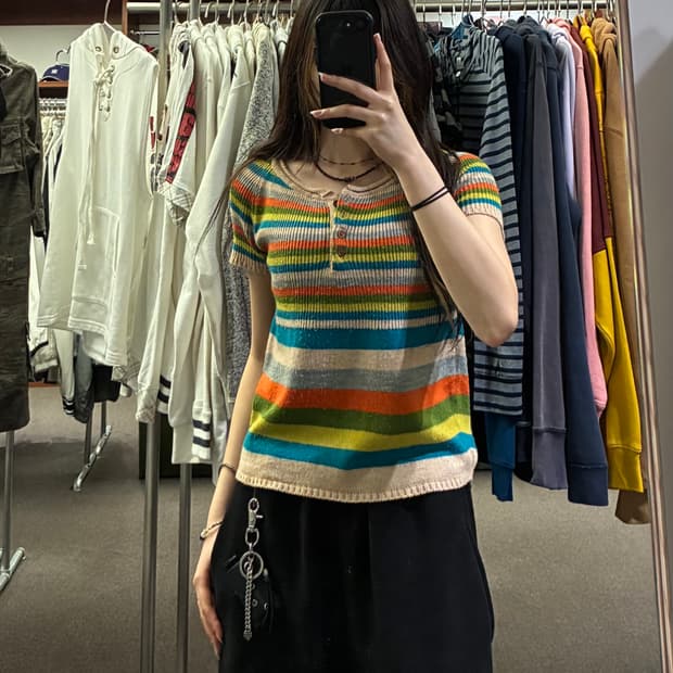 M-L)Japanese vintage 여성 단추 줄무늬 반팔 니트