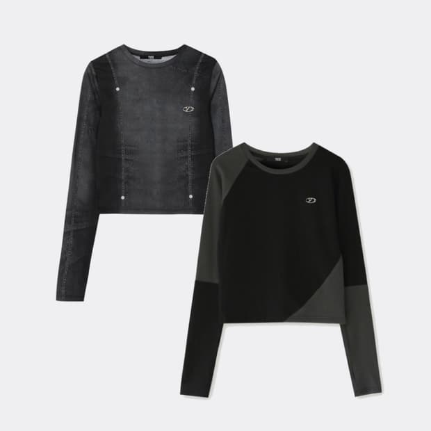 YUSE 블랙 워싱 데님 롱슬리브/컷아웃 롱슬리브