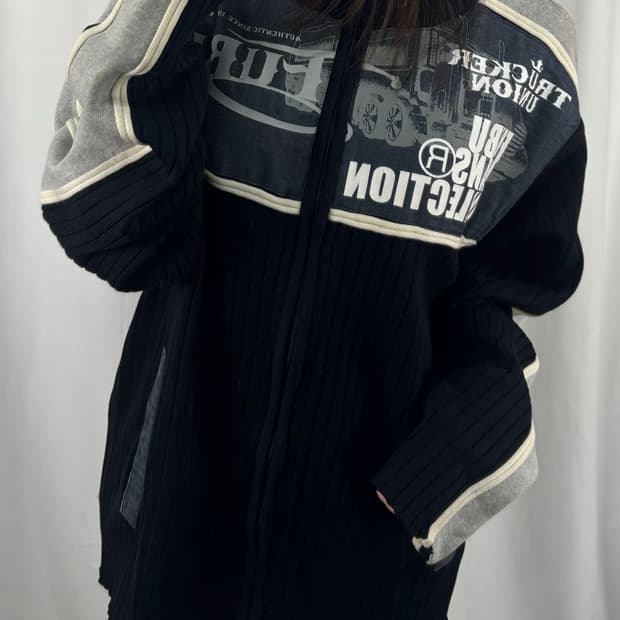 후부 데님 배색 니트 집업 자켓