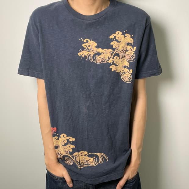 jpn vtg 빈티지 네이비 오리엔탈 그래픽 반팔 티셔츠 L