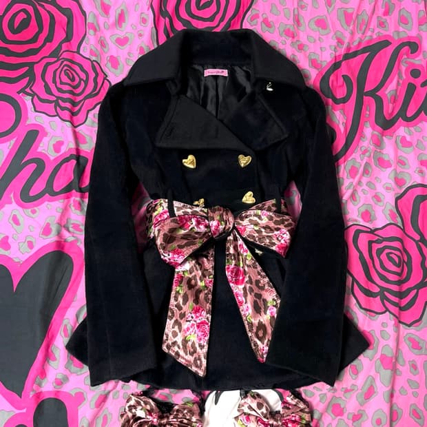 MA*RS마즈 하트금장 로즈 레오파드 벨티드코트 히메오네갸루109핀터대장