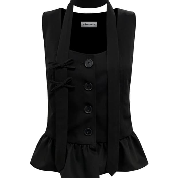 PEPLUM VEST RIBBON TIE SET (BLACK)