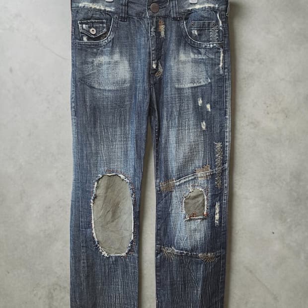 BIG TRAIN 빈티지 워싱 데미지 패치 팬츠 L