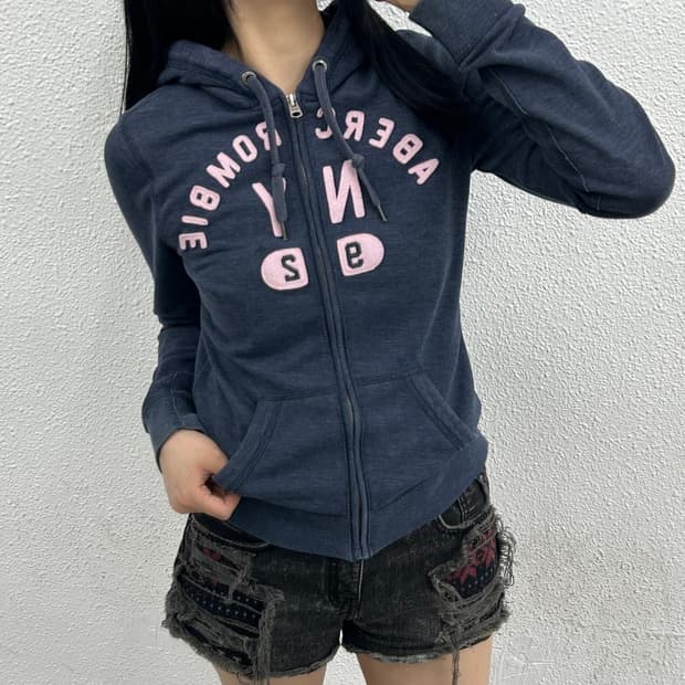 아베크롬비 센터 핑크 패치로고 네이비 후드 집업 S