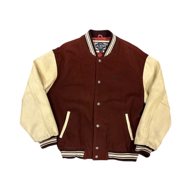 L) 게스 버건디 울 바시티 레더 스타디움 자켓 OJ-049