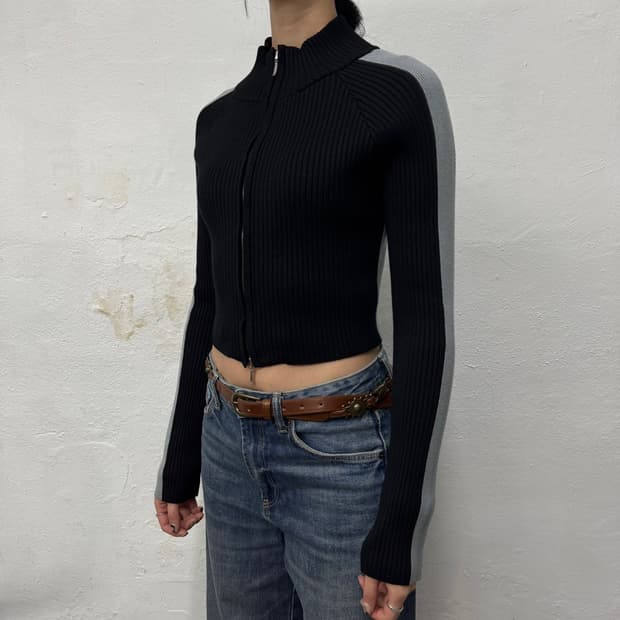 SLY JAPAN 블랙 그레이컬러 트랙라인 투톤 코튼 립드 니트 집업