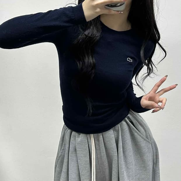 라코스테 네이비 울 100% 걸즈 크루넥 니트(90)