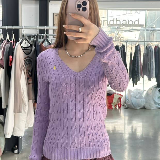 폴로랄프로렌 스포츠 케이블꽈배기 브이넥니트 퍼플