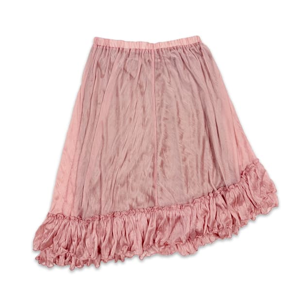 빈티지 파스텔핑크 프릴 사선 플레어 미디 스커트