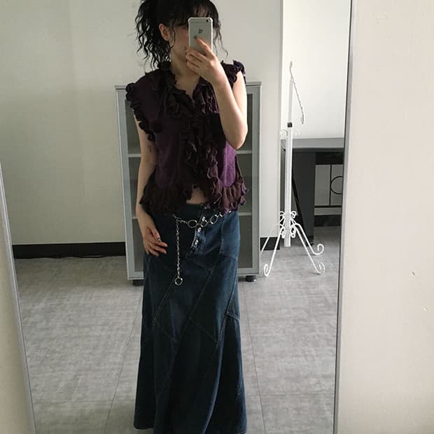 diagonal cut denim long skirt