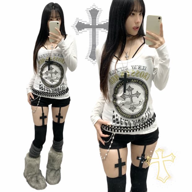 펑크 십자가 고딕 골드 레터링 롱슬리브